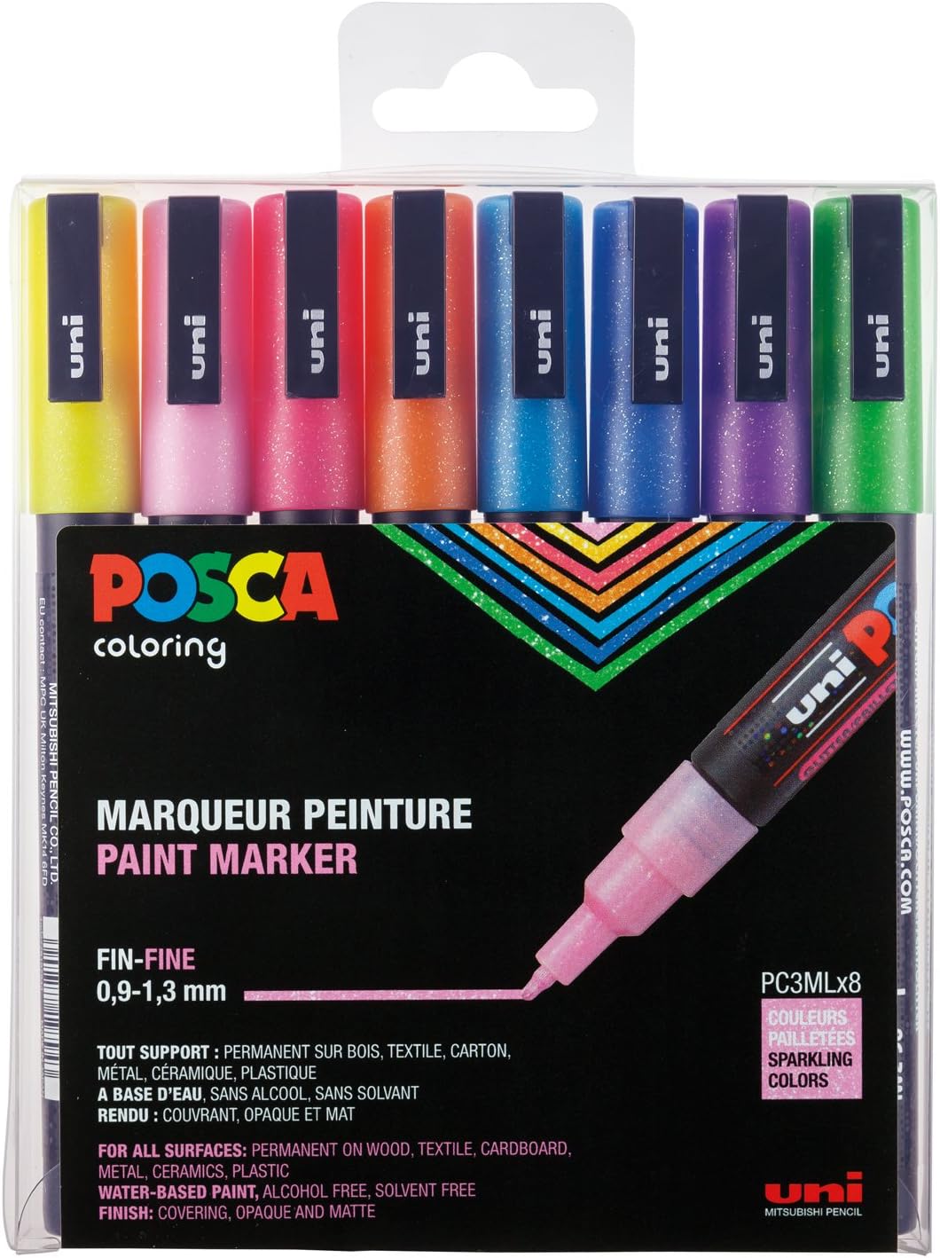 Posca uni-ball Marker with Fine Round Tip, multi-coloured, 1 count (Pack of 8)