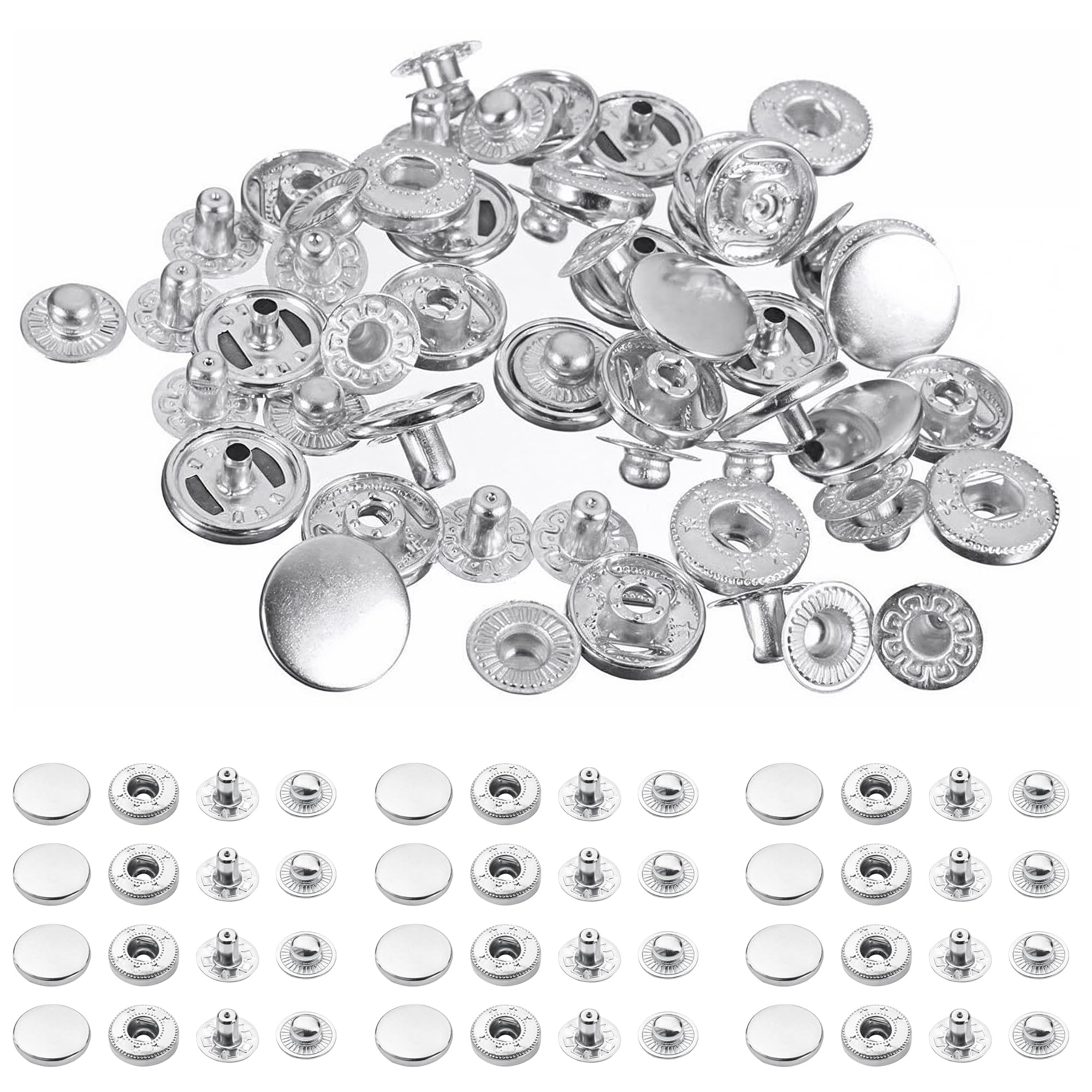Trimming Shop 12mm S Spring Press Studs 4 Part, Durable and Lightweight, Metal Snap Fasteners for Jackets, Jeans, Leather Craft, Straps and Sewing Projects, Clothes Repair, Silver, 100pcs