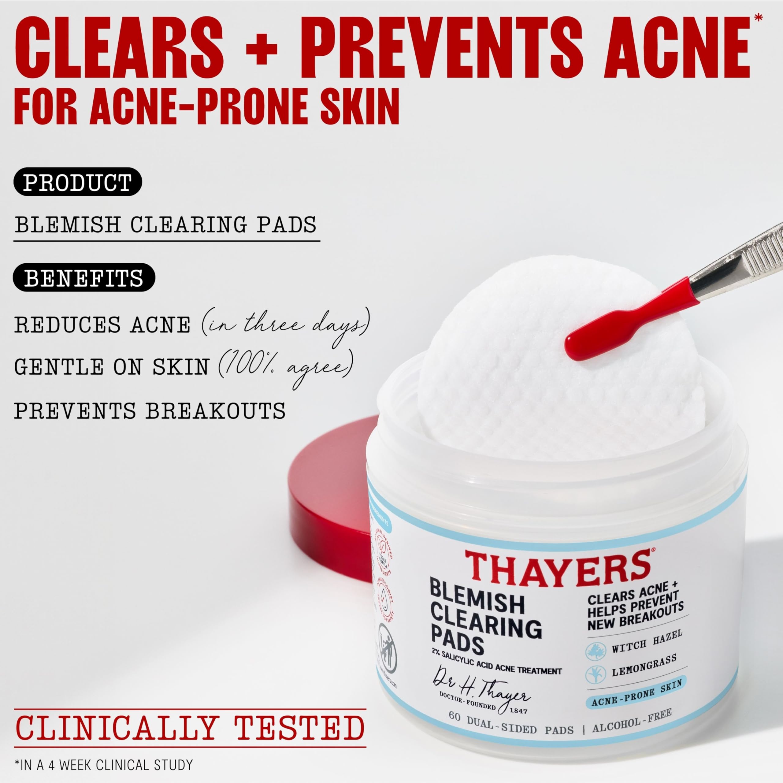 Thayers Blemish Clearing Acne Pads, Salicylic Acid Acne Treatment for Face, Pore Reducing, Exfoliating, and Soothing Skincare, Witch Hazel Toner Pads, 60 Ct