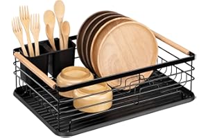 Navaris Dish Drainer Rack - Plate, Silverware, Pots and Pans Drying Rack for Kitchen with Beechwood Handles - Modern Retro De