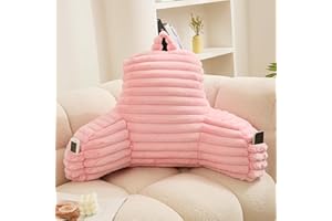 WERDIM Reading Pillow for Sitting in Bed, Faux Fur Back Pillow for Bed Rest, Bed Chair Pillow with Arms and Pockets(Large, Pink)