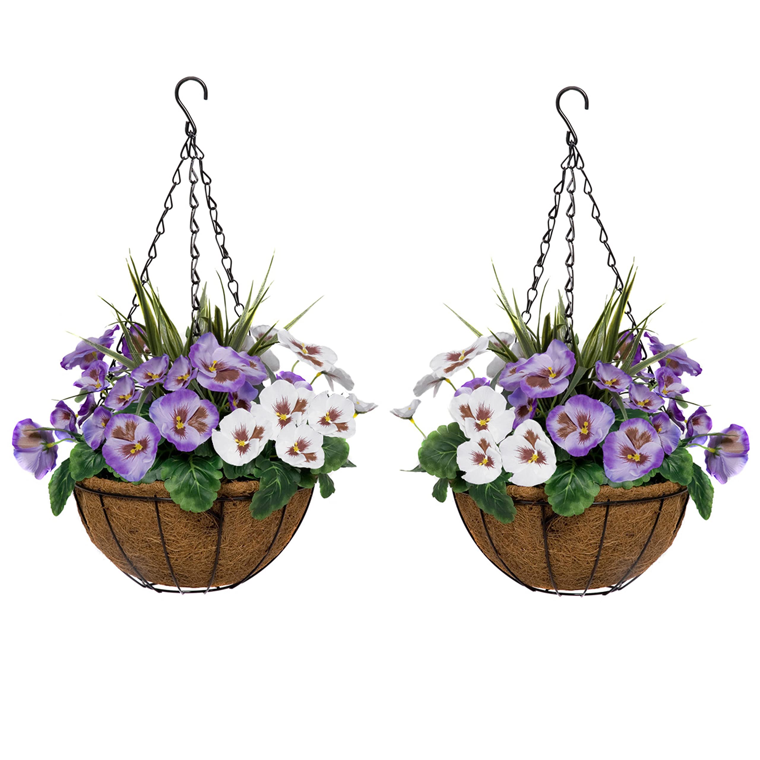 2 x Coco Coir Hanging Baskets with White and Purple Flowers and Decorative Grasses (Set of 2) โ image 1