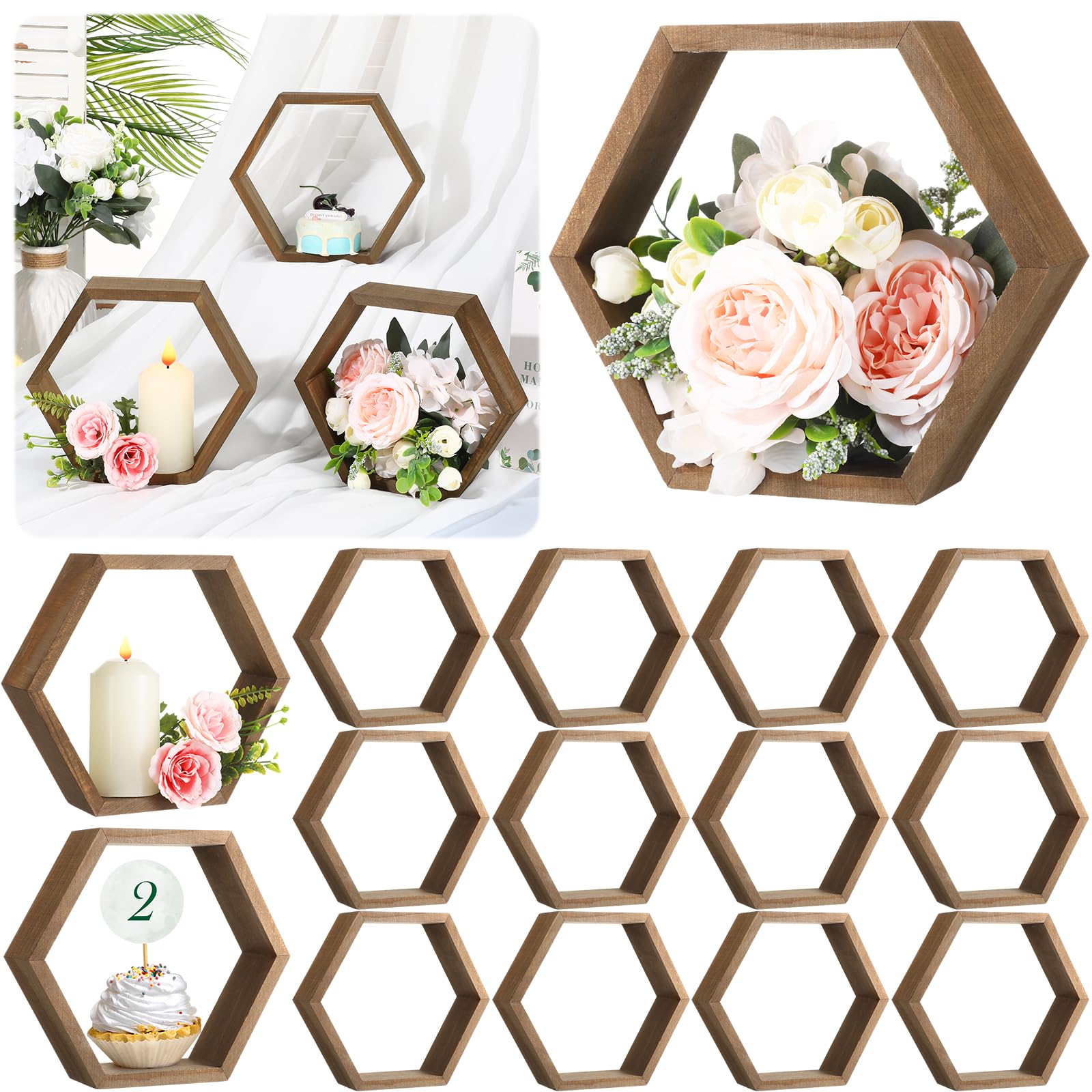 Photo 1 of Barydat 12 Pcs 8 Inch Hexagon Shelves Wedding Table Decorations Hexagon Wood Centerpiece Geometric Terrarium Decorative Honeycomb Floating Storage Shelf for Home Office Room (Brown)