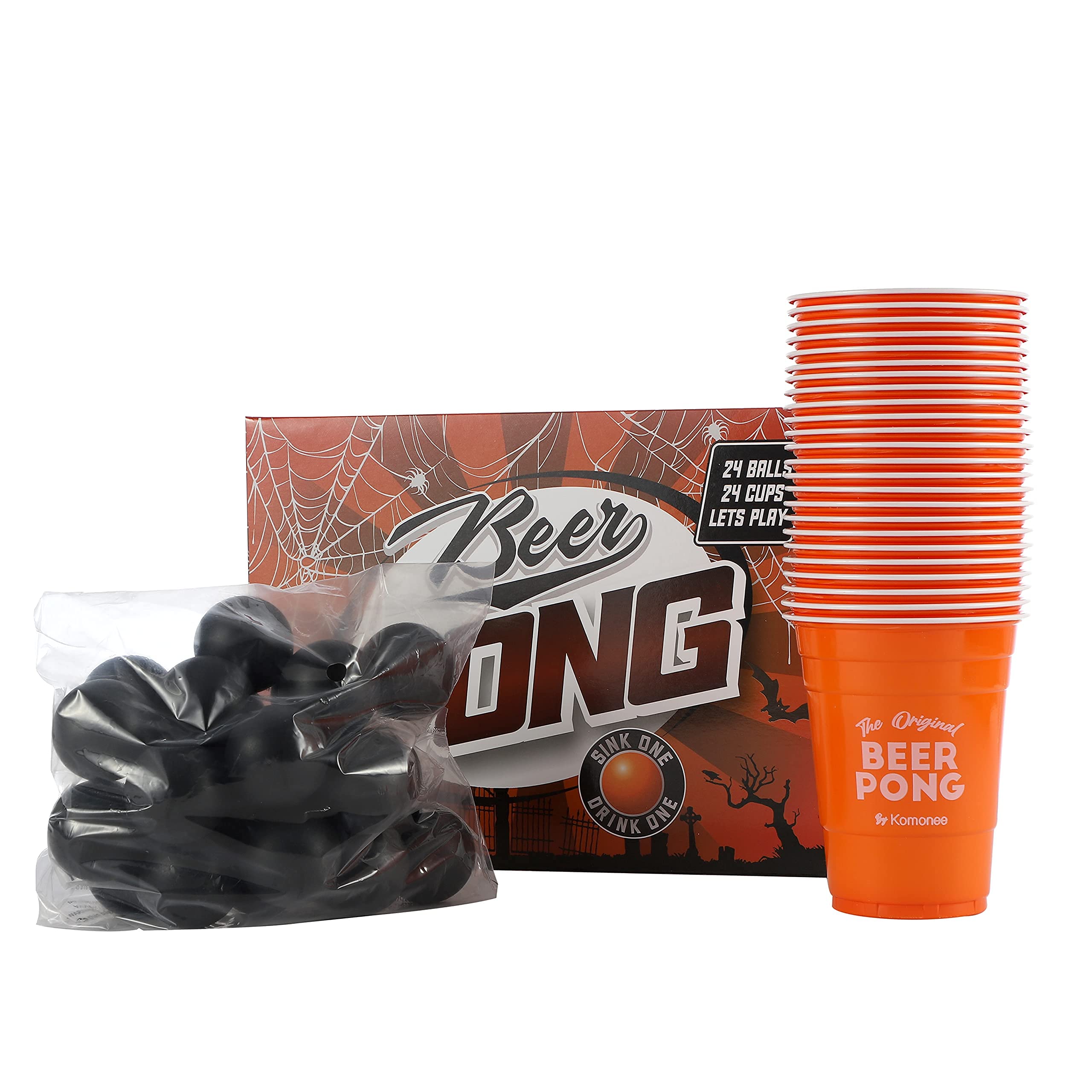 Komonee Halloween Party Beer Pong Set 48 PCS American Adult Indoor Novelty Drinking Game 24 Re-usable Orange Cups and 24 High Bounce Black ABS Balls Great For October 31st Parties