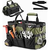 Tool Bag, 16 Inch Foldable Open Top Organizer for Easy Tool Access, Water-Resistant Construction, Electrician Tool Bag with Handle & Padded Adjustable Strap, Green