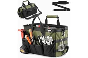 KIPHCA Tool Bag, 16 Inch Foldable Open Top Organizer for Easy Tool Access, Water-Resistant Construction, Electrician Tool Bag with Handle & Padded Adjustable Strap, Green