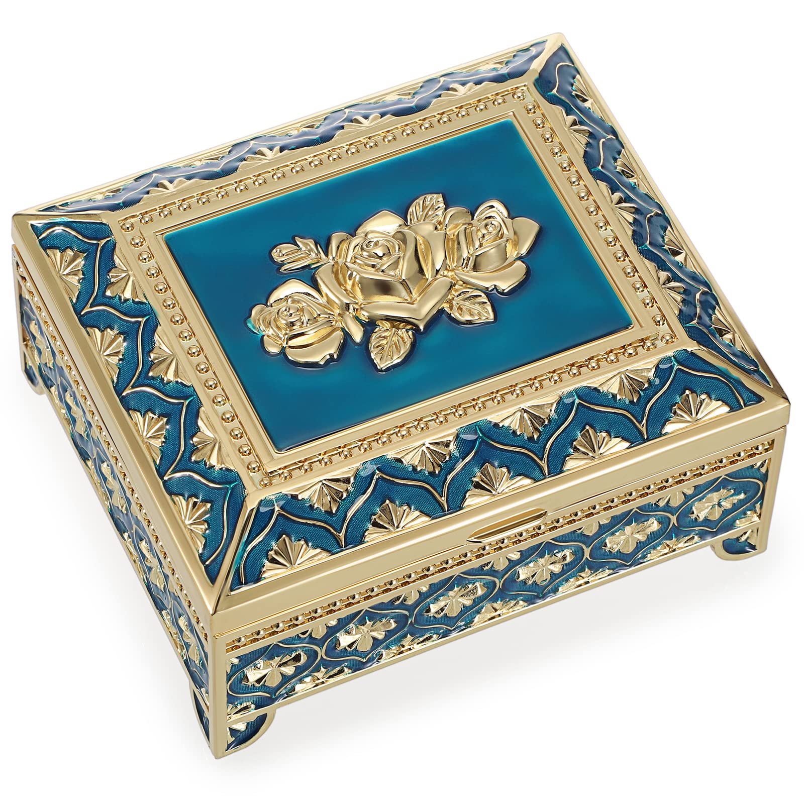 IGNPION Metal Jewelry Box Rose Engraved Trinket Holder Earrings Rings Trinket Storage box Jewelry Keepsake Ornate Display Case Birthday, Wedding, Mothers Days Gifts, Gold+Dark Blue