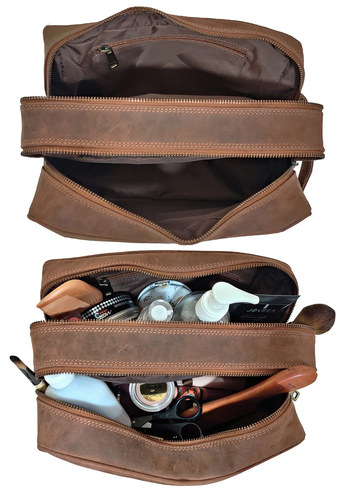 RUSTIC TOWN Full Grain Leather Travel Toiletry Bag - Cosmetic Makeup Kit Organizer (Brown)