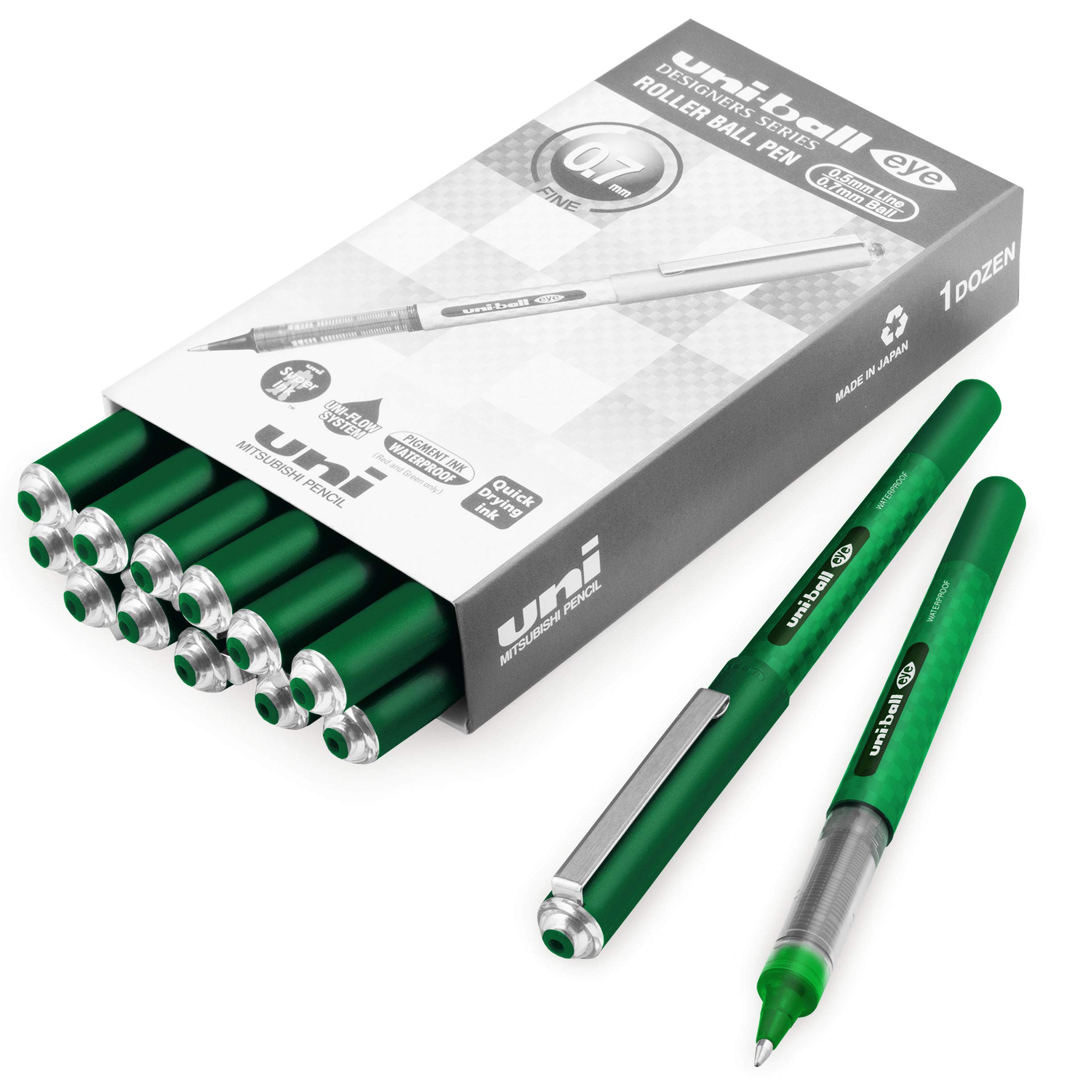 Uni-Ball Eye UB-157D Designer Liquid Ink Rollerball Pen – 0.7mm Nib – Green - Pack of 12 + 2
