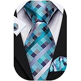 Barry.Wang Plaid Ties Check Mens Necktie Set with Handkerchief Cufflinks Classic Stripe