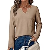 Dokotoo Womens Tops Waffle Knit Long Sleeve Notched V Neck Shirts Casual Trendy Solid Color Loose Blouses