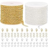 Crisjanggo 2 Rolls Total 65.6 Feet Gold and Silver Chain for Jewelry Making Stainless Steel Curb Chains Roll Bulk with Lobster Clasps and Jump Rings