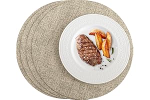 Romanstile Round Placemats Set of 4, Reversible Faux Leather Table Place Mats 100% Waterproof Oil-Proof Non-Slip Wipeable Double-Sided Vinyl Table Mats for Kitchen/Dining/Party, Khaki