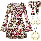 Haysandy 70s 80s Women Hippie Costume Set Disco Outfit Peace Sign Earring Necklace Headband Dress for Women Halloween Party
