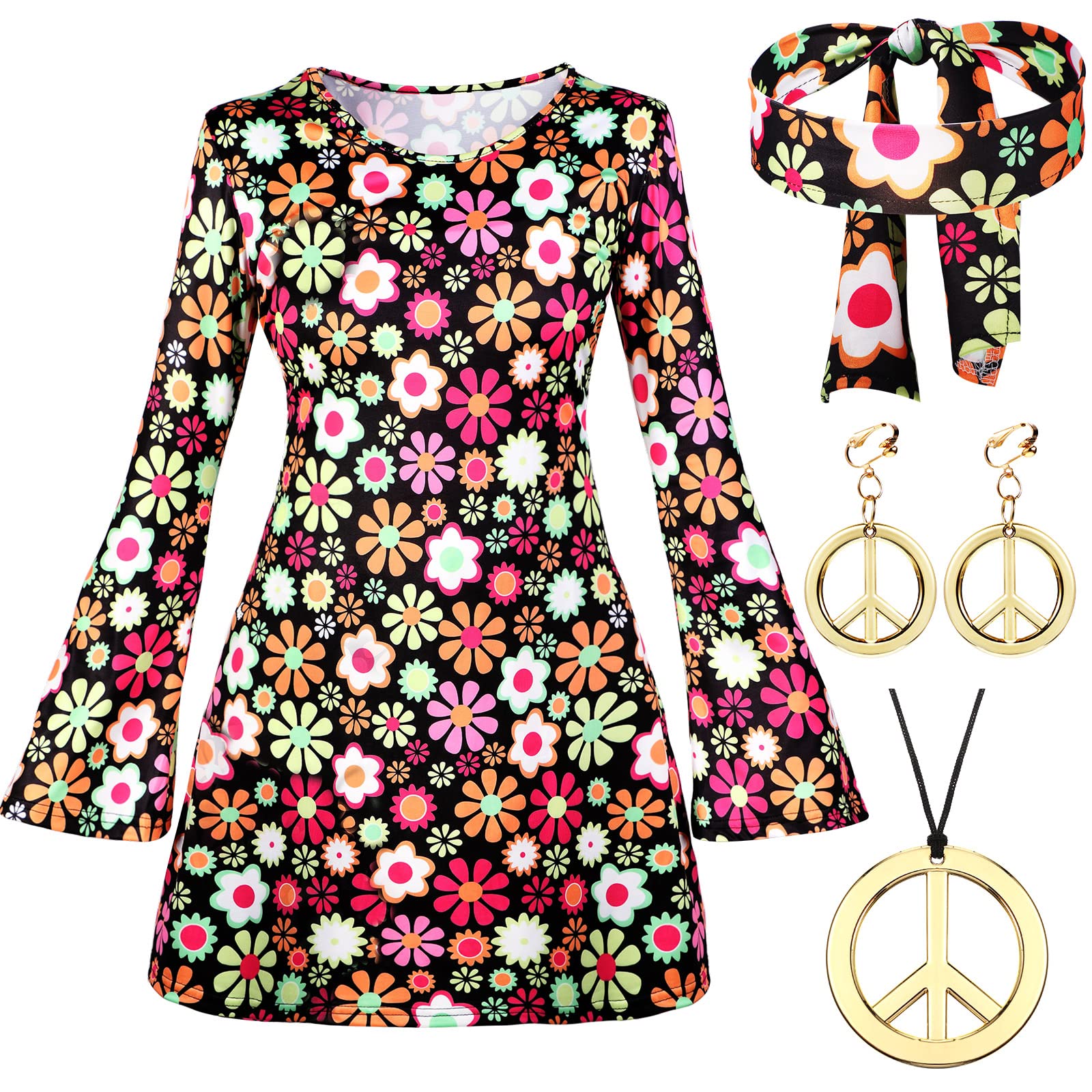Photo 1 of Haysandy 70s 80s Women Hippie Costume Set Disco Outfit Peace Sign Earring Necklace Headband Dress for Women Halloween Party(Large)
