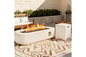 ECOTOUGE 2-Piece Gas Fire Pit, 56''Outdoor Propane Fire Pit Table Set w/Tank Cover, Auto-Ignition Steel Fire Table, 50,000 BTU Oval Concrete Fire Pit w/Weather-Resistant Pit Cover, Lava Rocks, White