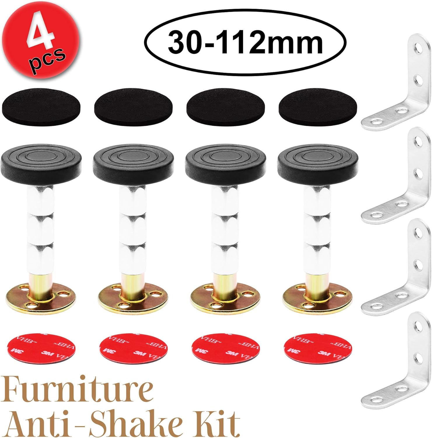 Headboard Stoppers Furniture Protectors Set-4(30-112mm) Adjustable Threaded Anti-Shake Tool 4 Self-Adhesive EVA Pads 4 Double Sided Self-Adhesive Dots 4 Corner Braces Support for Wall Furniture Bed