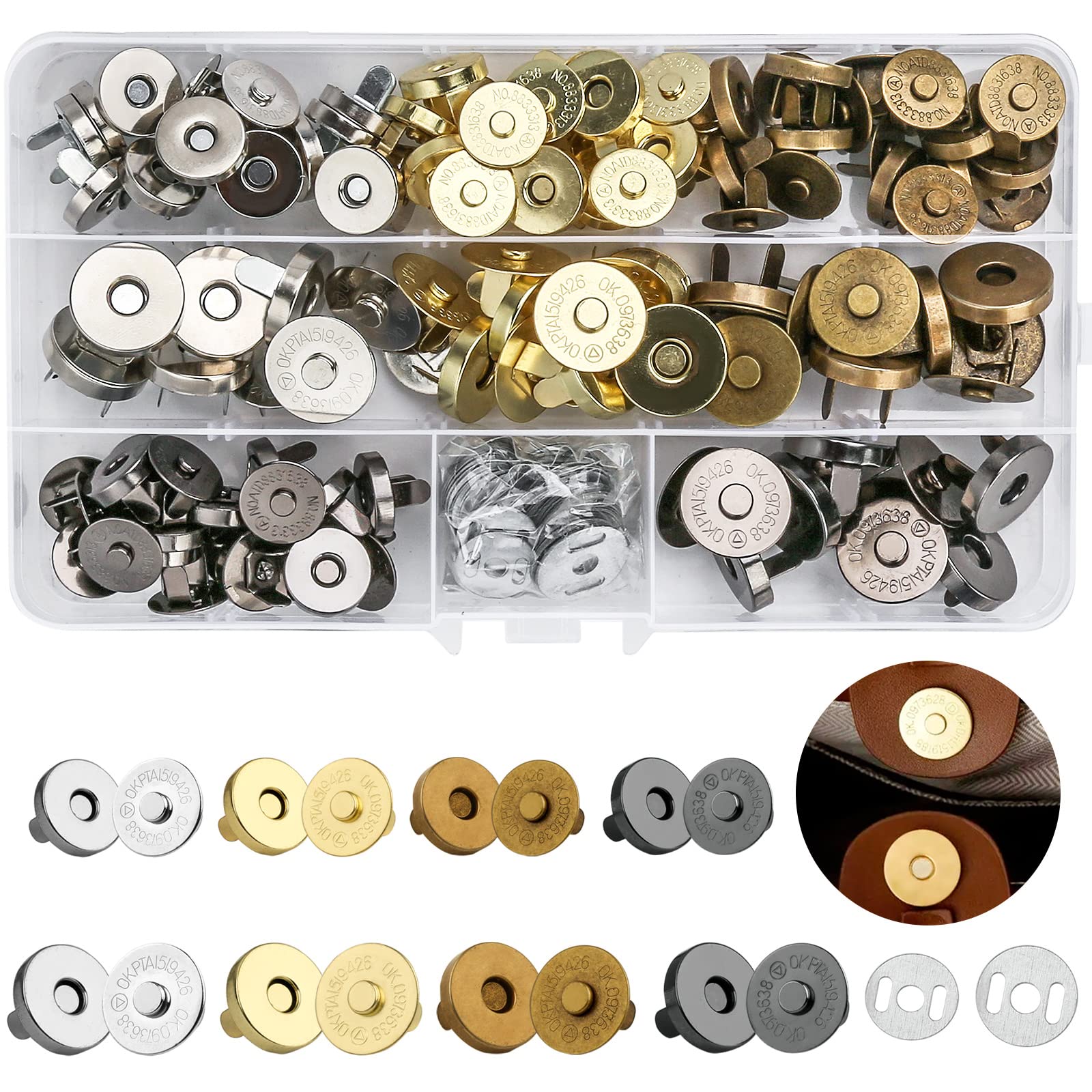 CoKeeSun Magnetic Clasps for Bags 60 Pcs, Magnetic Buttons 14mm and 18mm, Metal Bag Clasps and Closures Set with Washers, Metal Snap Buttons for Handbag Tote Bags Purses Crochet Bag Wallet Sewing DIY