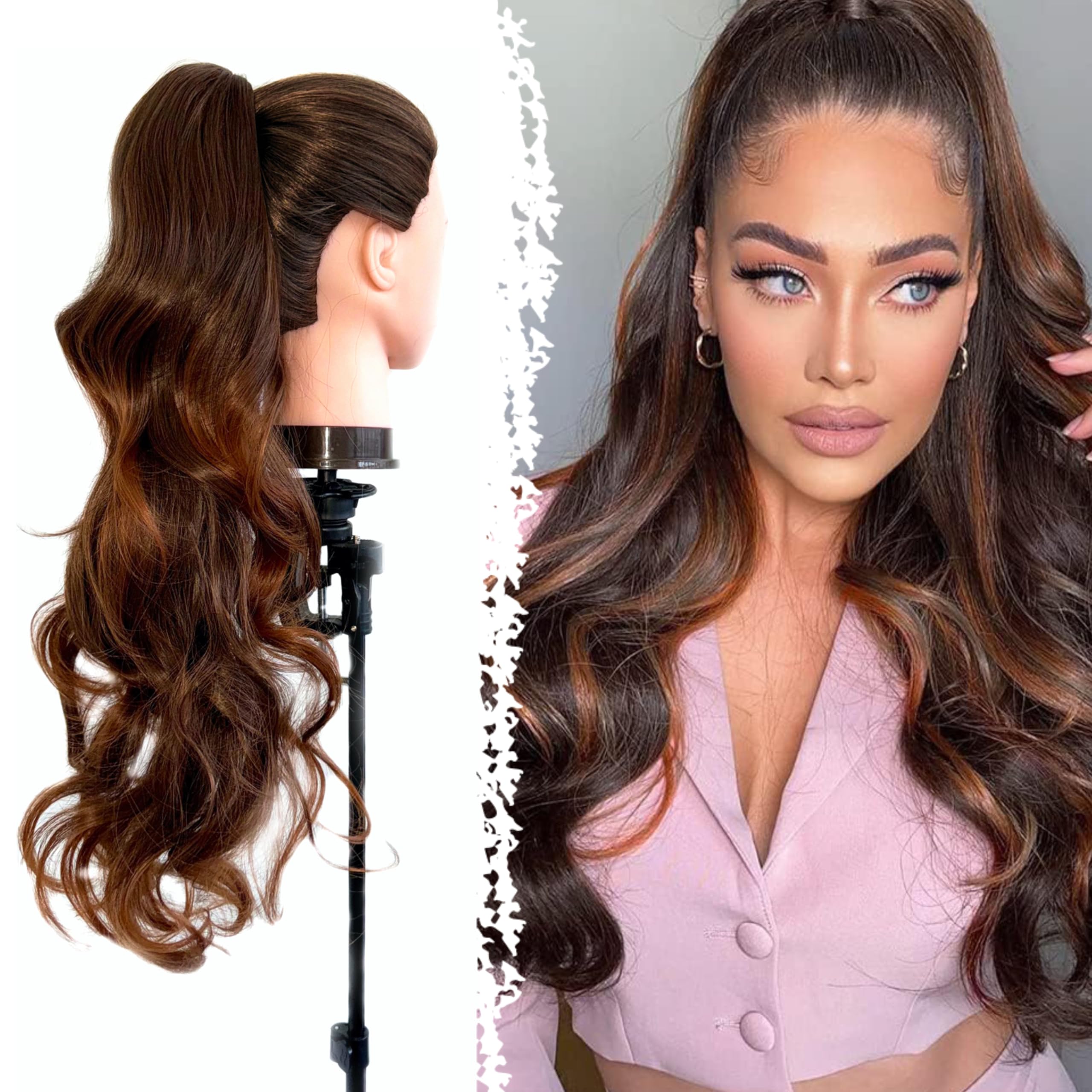 Hair Tail Exstension Brown Ombre Copper Brown Natural Effect Hairpieces for Hair, Wavy and Wavy Ponytail, Easy Application with Curly Tail Claw Fake Hair 70 cm