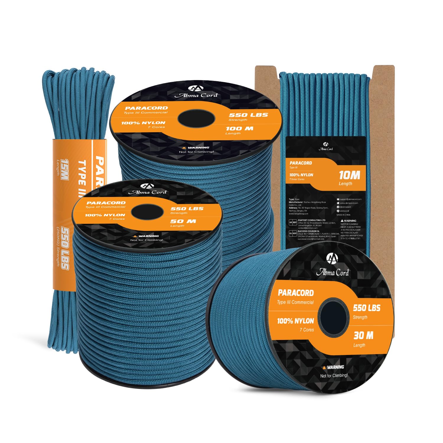 Abma Cord Paracord 550 4mm 15m 100% Nylon Rope Type III 7 Strands Parachute Cord for DIY, Camping, Survival, Outdoor - Max. 250kg - Teal