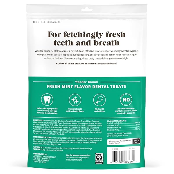 WONDER BOUND DOG DENTAL TREATS FOR MEDIUM DOGS (25-50 LBS), FRESH MINT FLAVOR, MADE WITH REAL CHICKEN, NUBBED TEXTURE FOR PLAQUE & TARTAR CONTROL, FRESHENS BREATH WHILE CHEWING, 13 COUNT