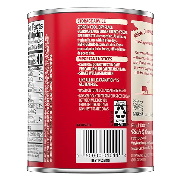 NESTLÉ CARNATION EVAPORATED MILK, VITAMIN D ADDED, SHELF MILK, EVAPORATED MILK CANNED 12 FL OZ