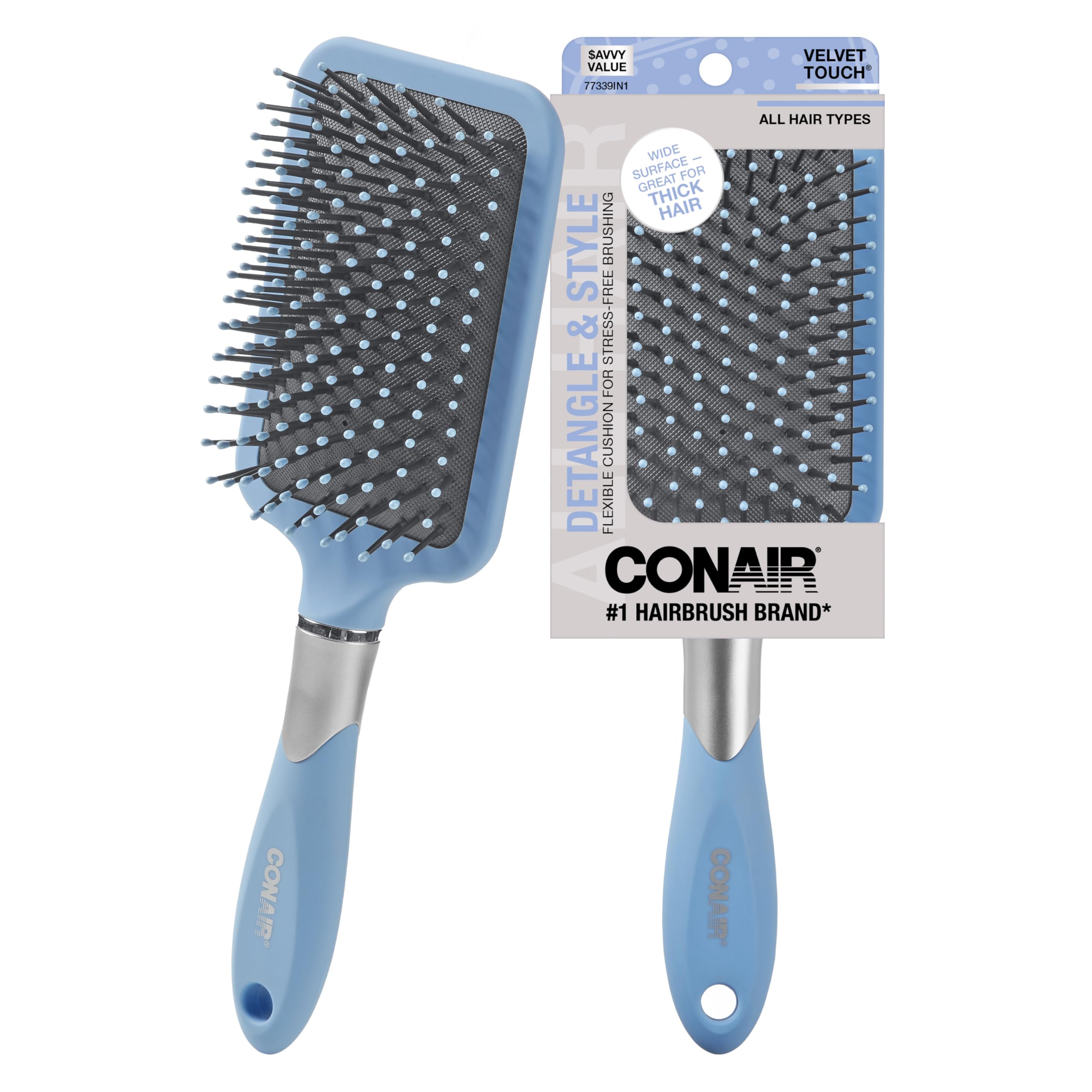 Photo 1 of Conair Velvet Touch Paddle Cushion hair brush - Detangling hairbrush - curly or straight styles - men or women - detangler - features soft touch handle - Sky Blue