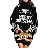 Jumppmile Womens Ugly Christmas Xmas Oversize Turtleneck Pullover Sweater Dress with Pockets