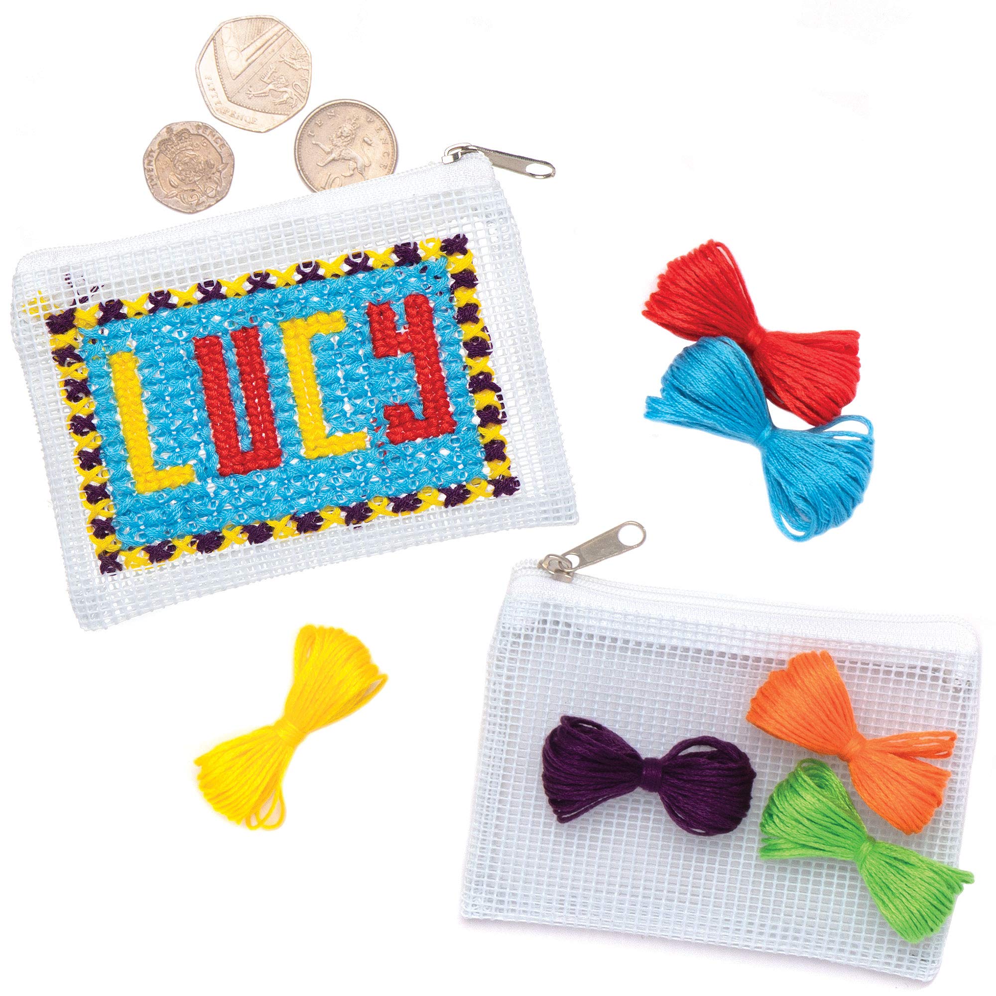 Baker Ross AT954 Cross Stitch Purse - Pack of 3, Make Your Own Colourful Bag for Kids Arts and Crafts or Sewing Beginners