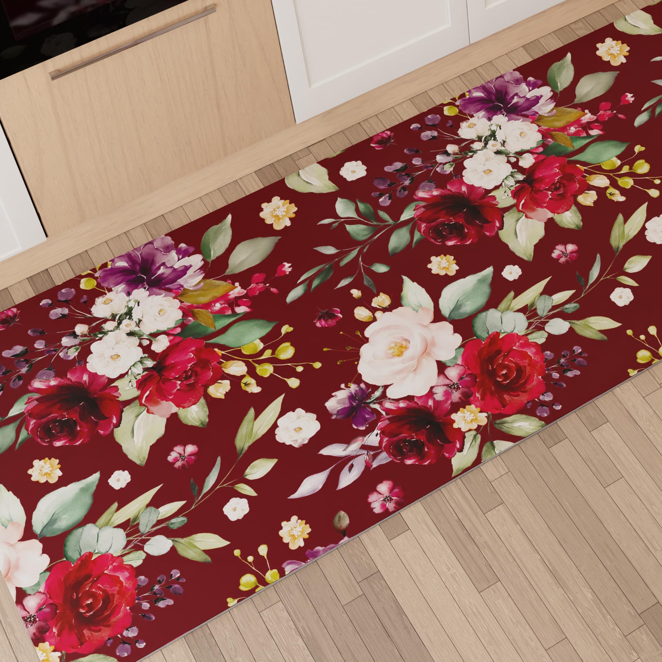 PETTI Artigiani Italiani - Kitchen Rug Runner Kitchen Non-Slip and Washable 52 x 80 cm Floral Design 07 Bordeaux 100% Made in Italy