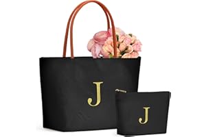 YOOLIFE Christmas Gifts for Women - Initial Canvas Tote Bag & Makeup Bag, Birthday Gifts for Women Mom Wife Teacher Friend