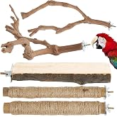 Bird Perch Stand, Pole Standing Natural Wood Bird Perch Set 5PCS Paw Grinding Fork Parrot Cage Branch with Rope for Macaw African Grey Amazon Pet Medium Birds Cage Accessories