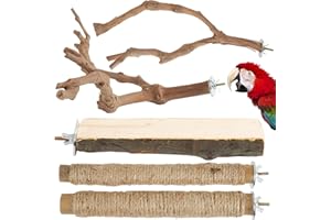 MANOAI Bird Perch Stand, Pole Standing Natural Wood Bird Perch Set 5PCS Paw Grinding Fork Parrot Cage Branch with Rope for Macaw African Grey Amazon Pet Medium Birds Cage Accessories