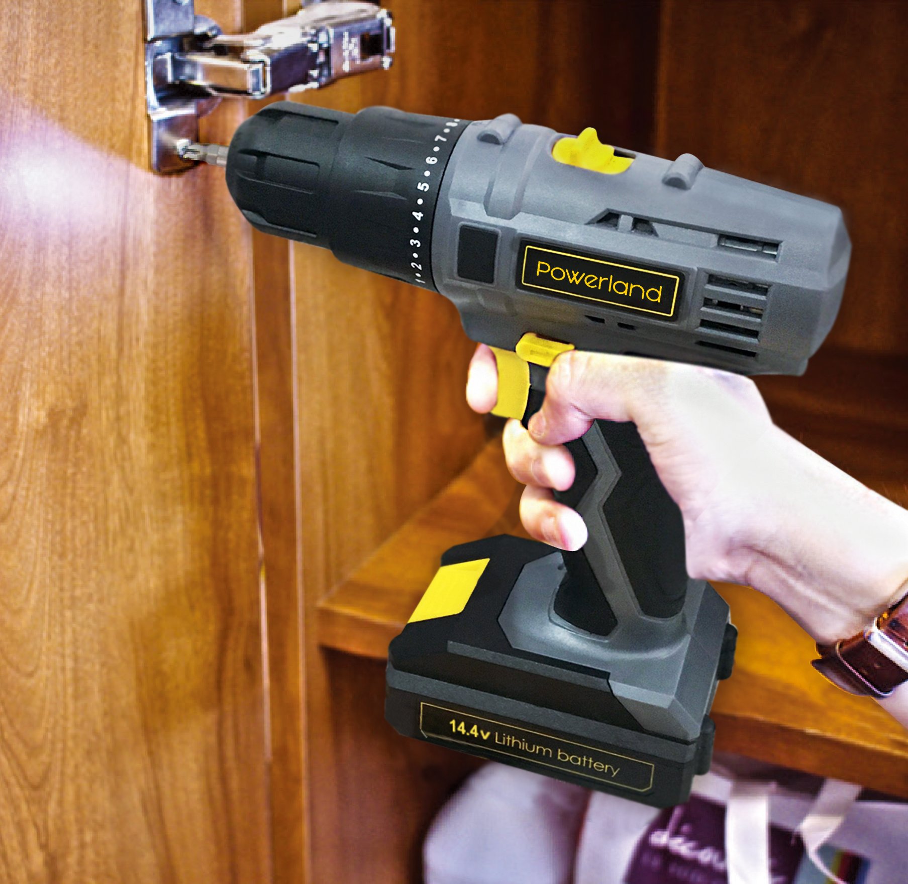 Powerland 18V Variable Vitesse 0-350 / 0-1300rpm Tournevis à percussion électrique Li-ion Gris Fonction Arrêt rapide avec jeu d\'accessoires