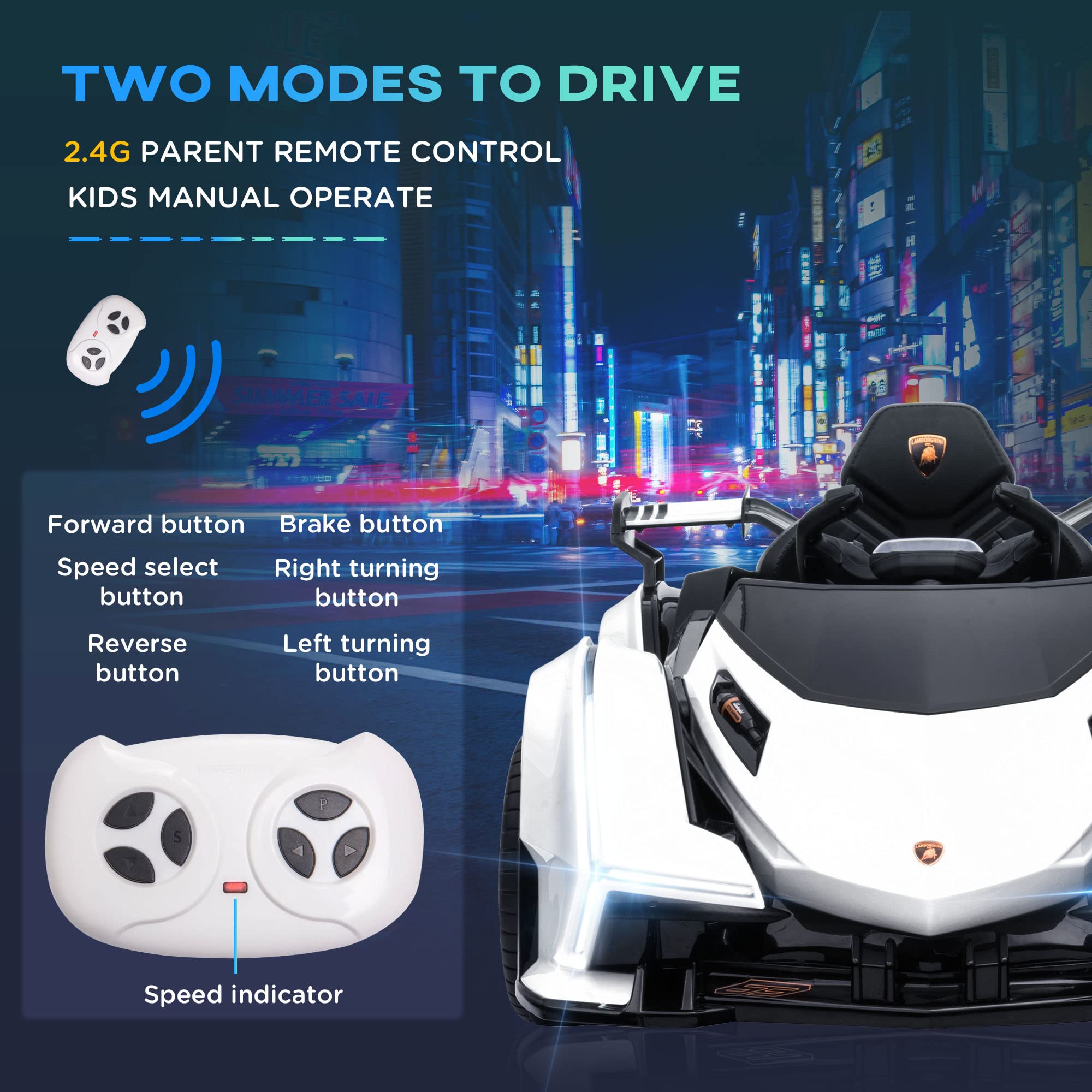 Aosom 12V Electric Ride-on Car, Licensed Lamborghini V12 Vision Gran Turismo Battery-Powered Ride-on Toy with Remote Control, Music, LED Lights, for 3-6 Year Old Boys and Girls, White