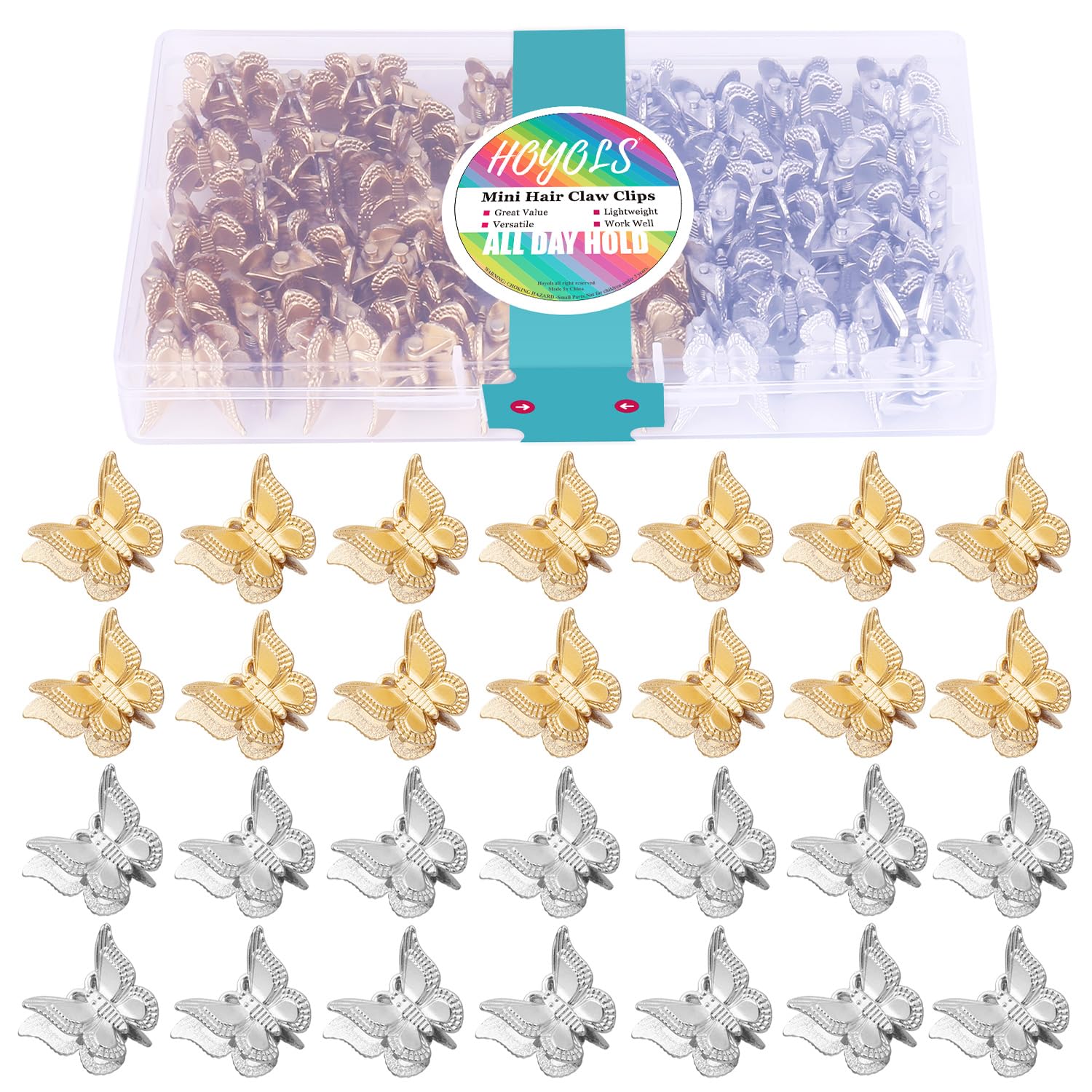 Hoyols Silver Gold Butterfly Hair Clips, 48 pcs 90s Hair Accessories for Girls Women, Small Mini Hair Stuff Thing Clips Pins for Braids Rave Festival Party Decorations Bulk (Metallic Color)
