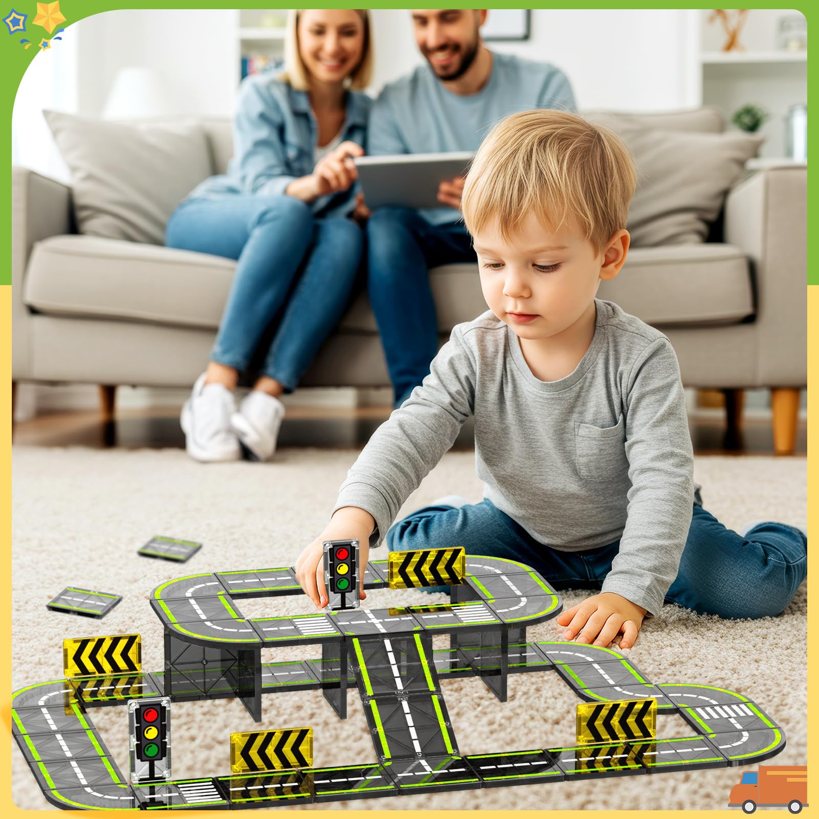 Magnetic Tiles Road Set, Magnetic Building Blocks for Toddler Kids, Montessori Educational Magnet Toys for Kids Ages 3+Year Old, STEM Creative Toy for Christmas Birthday Gifts