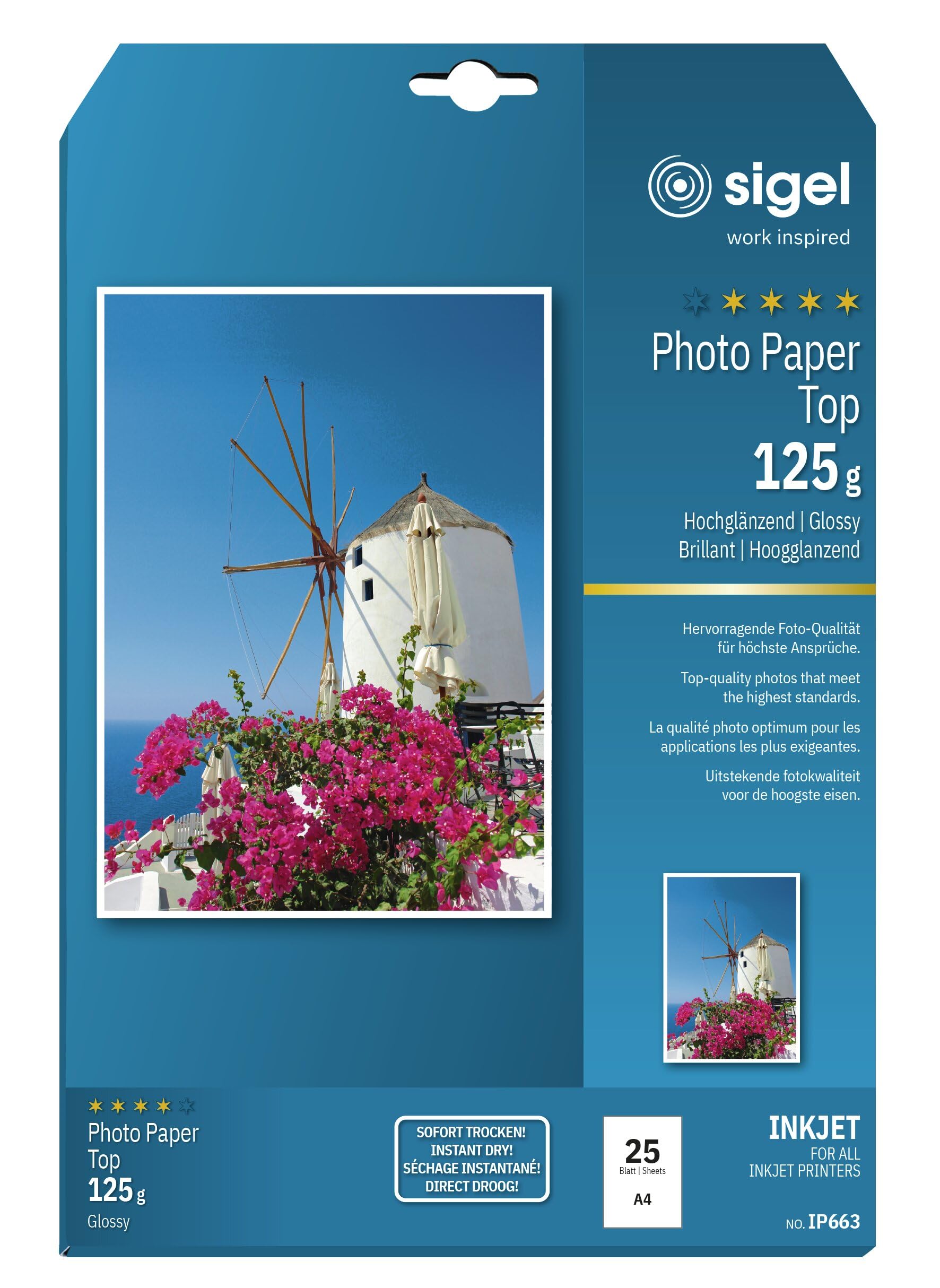 SIGEL IP663 InkJet Top Photo Paper, glossy, White, 125 gsm, A4, 25 sheets