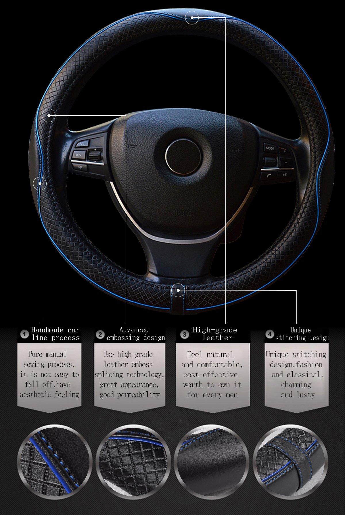 Fstarts Leather Steering Wheel Cover for Auto Car/Truck/Van/SUV (black with blue)