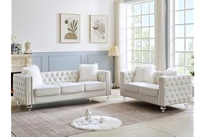 mikibama Velvet Loveseat Sofa Couch Set for Living Room, Modern Decor Furniture Tufted Sofa Set with Nailhead Acrylic Legs and 2 Pillows for Bedroom, Hall(Beige)