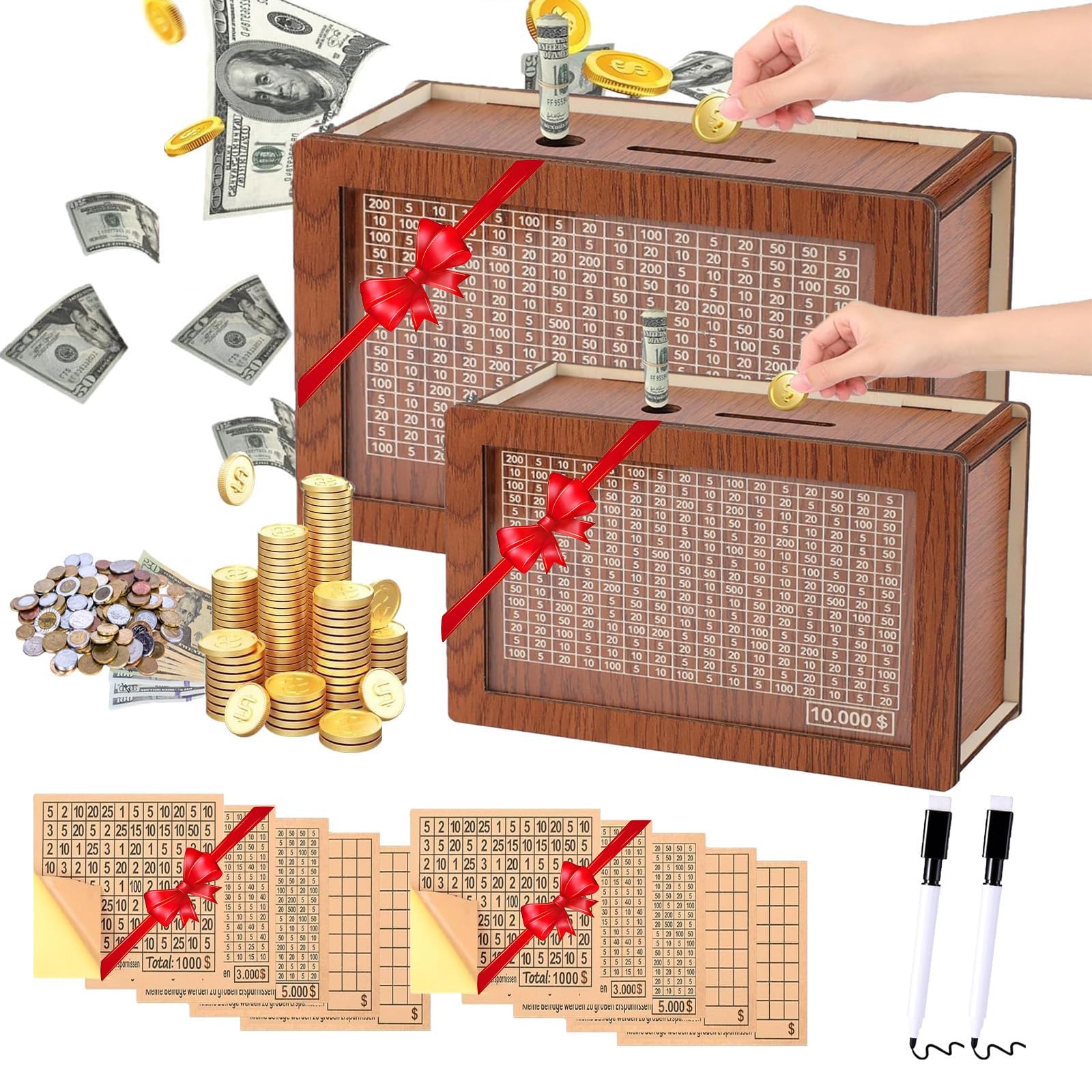 Photo 1 of ?2Packs? Money Saving Box Piggy Bank Wooden Coin Bank for Kids Adults boy Girl Reusable Cash Box Money Box Wooden Savings Box with 1k 3k 5k 10k Money Saving Target Best Gift for Friends($10000,Brown)