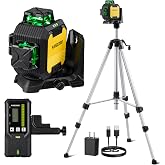 Firecore Self-Leveling Laser Level Kit w/Receiver &amp; Tripod, 3x360, Green | 1/13 inch Accuracy, IP54 Rated, Grade Rod Included, 197ft Outdoor Range with Detector, for Decking, Fencing, Shed Foundation