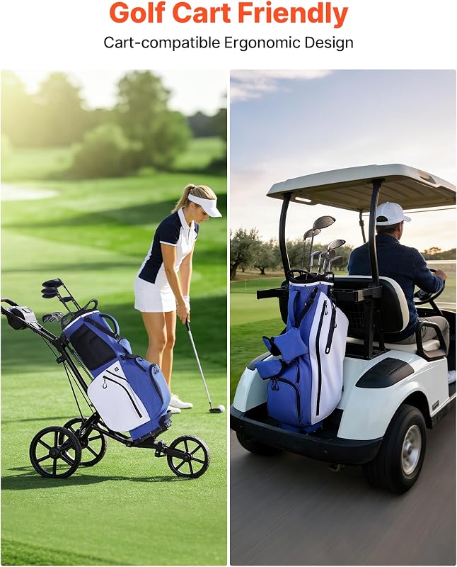 Sac de Golf pour Chariot Voiturette, Sac de Clubs de Golf Trépied 7 Compartiments Supérieurs, pour Golfette Golfeurs, avec Séparateur sur Toute la Longueur, Double Bandoulière et Housse de Pluie