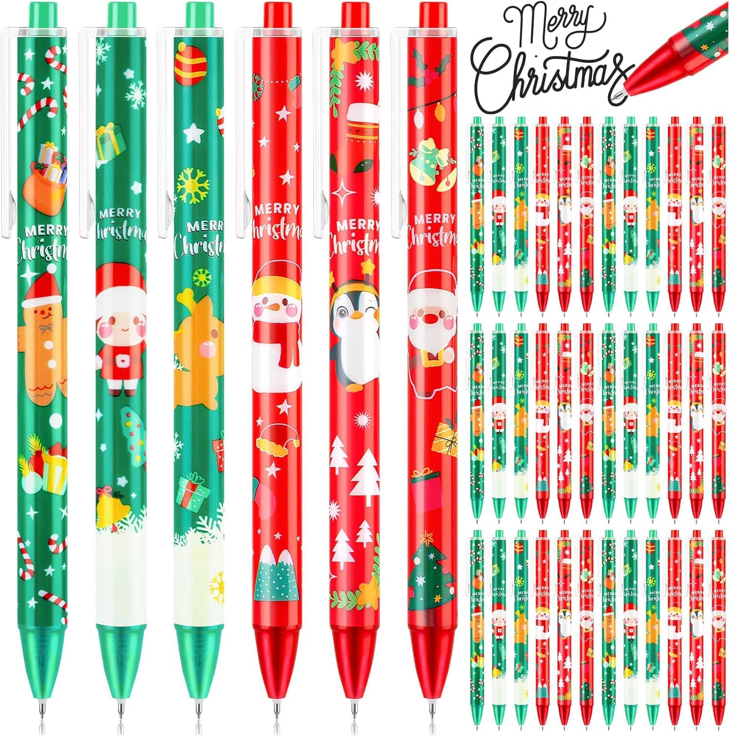 KAHEIGN 60Pcs Christmas Gel Ink Pens, 6 Styles Retractable Ballpoint Pen 15CM Snowman Reindeer Santa Claus Gingerbread Man Penguin Rollerball Pens for Xmas Stocking Fillers Party Favors