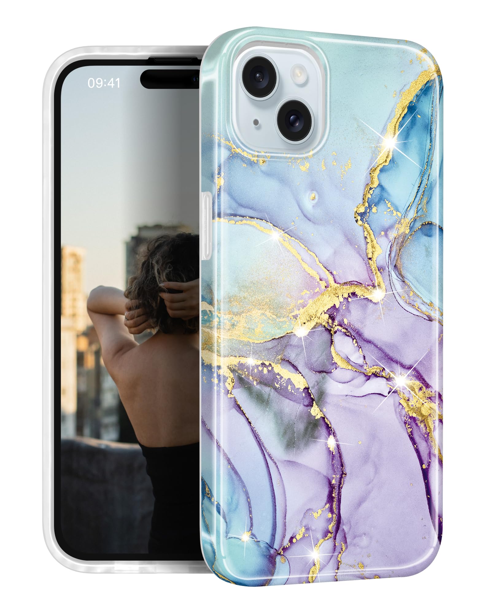 JIAXIUFEN Compatible with iPhone 15 Case Gold Sparkle Glitter Marble Design Shockproof Protective Slim Soft TPU Silicone Cover Phone Case 6.1" 2023 Purple Blue
