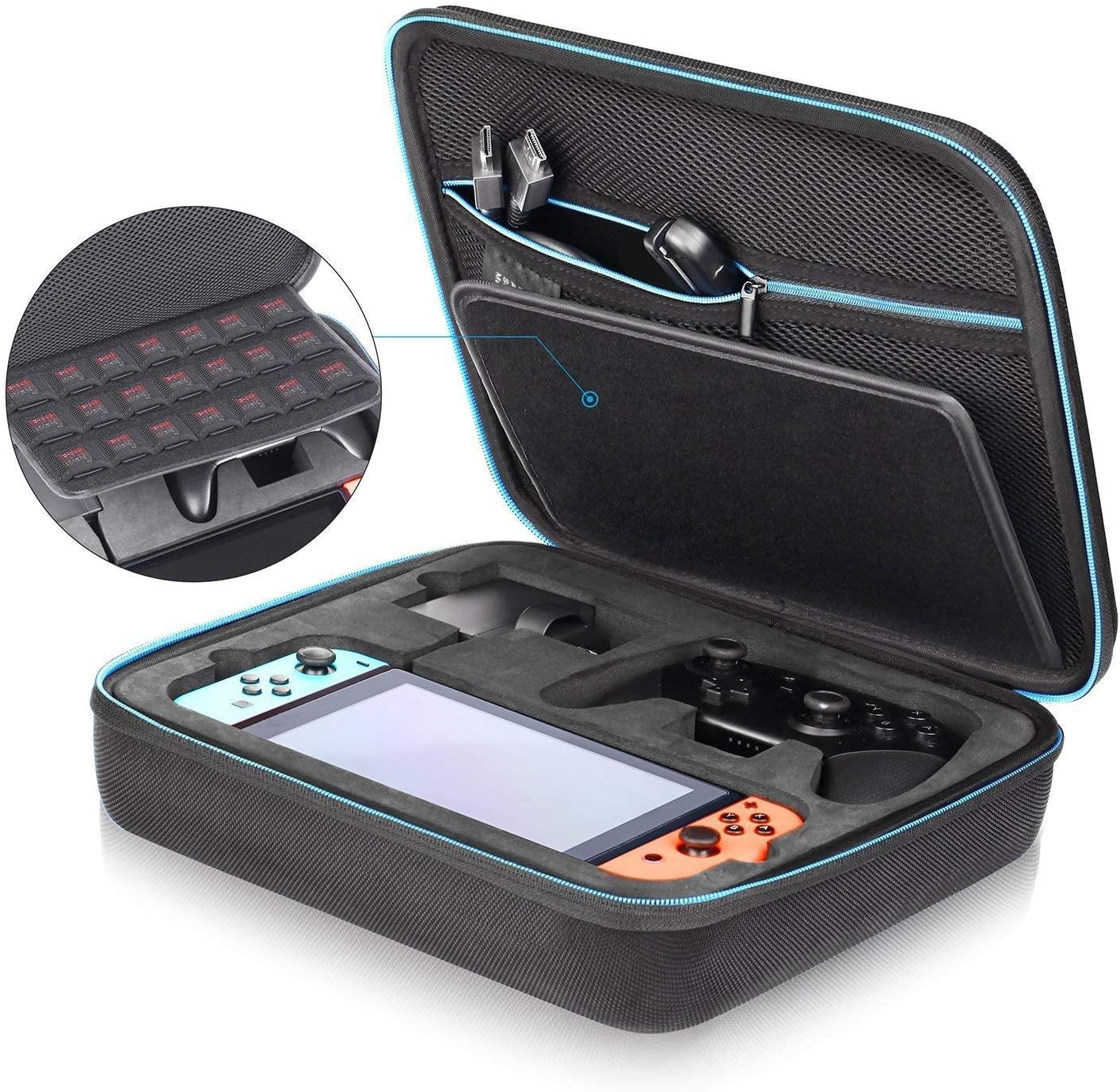 iAmer Large Case for Nintendo Switch, Deluxe Hard Carrying Case for Switch Console, AC Adapter, Joy-Con Grip(or Pro Controller), HDMI Cable, Joy Con Strap and other Accessories with 21 Game Cartridges