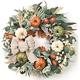 22'' Fall Wreaths for Front Door, Fall Decorations for Home Autumn Wreath | Wreath with Bow Pumpkin Thanksgiving Halloween Fa