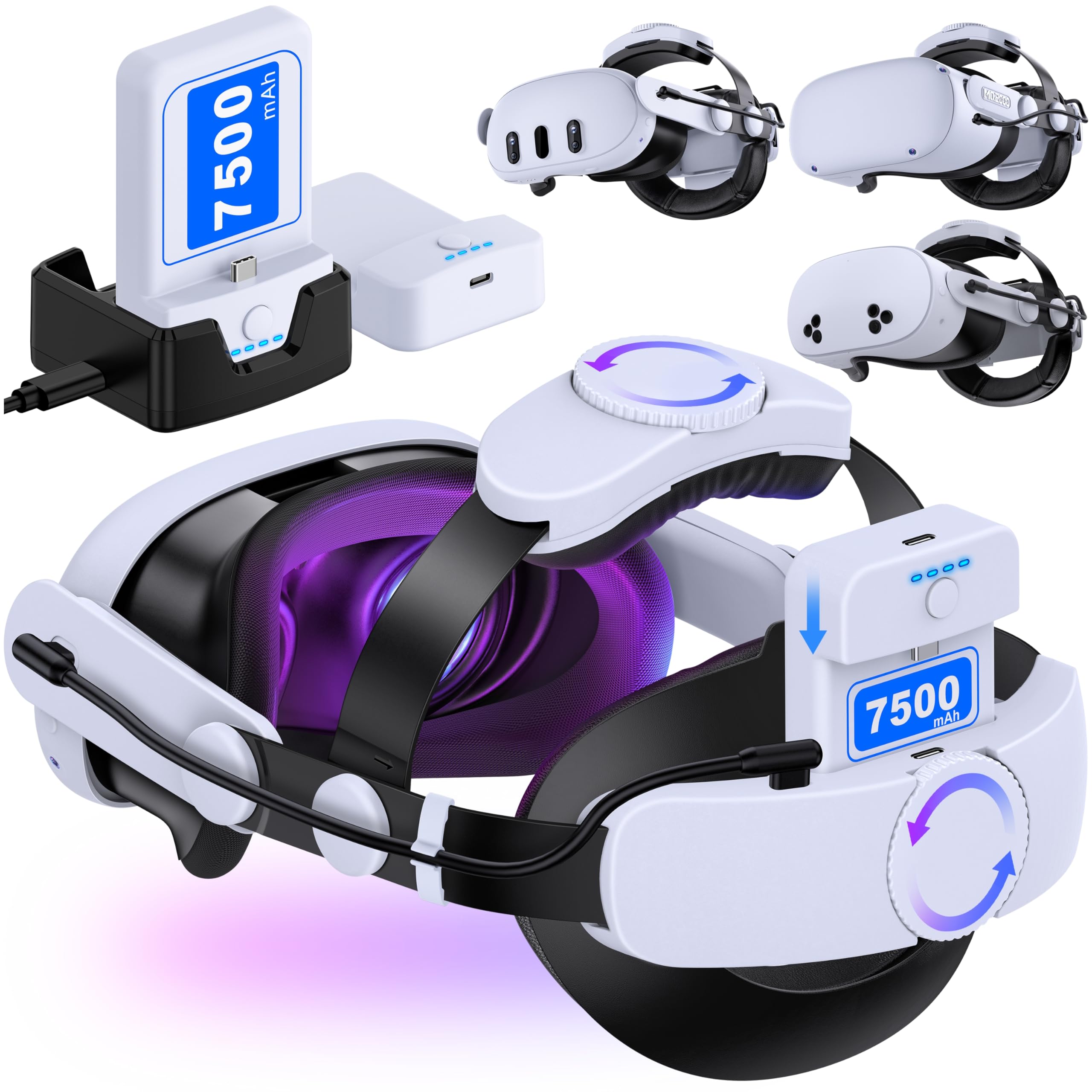KawayeReal Head Strap for Meta Quest 3S/3/2, Adjustable Elite Strap with 7500mAh*2 Detachable Battery & Charging Dock, Enhanced Support & Comfort, VR Headset Strap for Oculus, Extends 6–8H Playtime