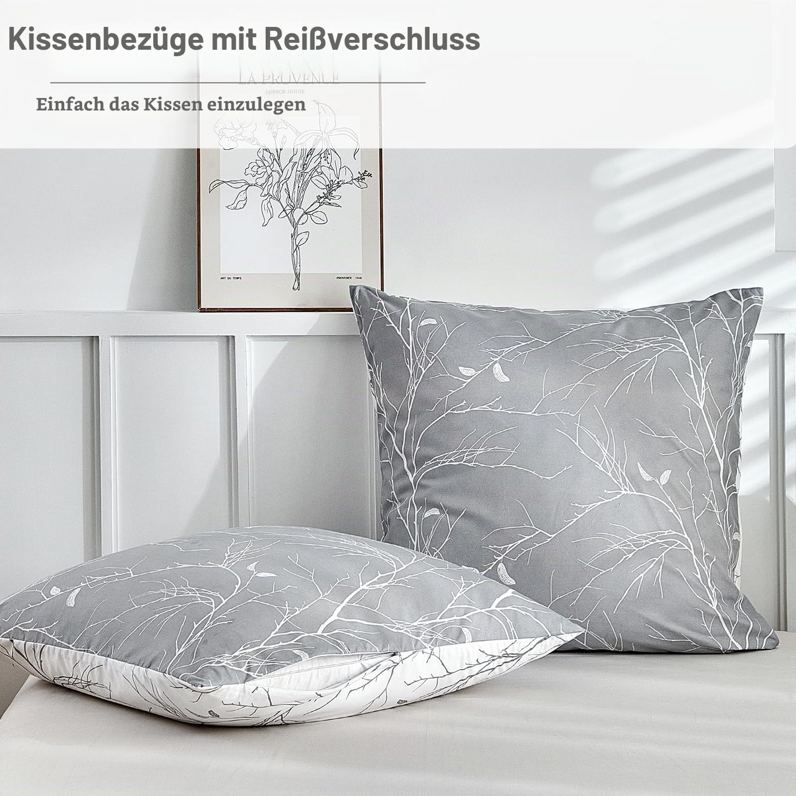 Lekesky Bettwäsche 135x200 2teilig + 1 Kissen 80x80, Grau Weiß Zweig 8