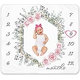 KEMINA BLANKETS Baby Girl Milestone Blanket – 50x40, Soft Fleece, Eucalyptus & Rose Floral Design, Includes Headband & Wreath, Monthly Growth Chart, Newborn Keepsake & Baby Shower